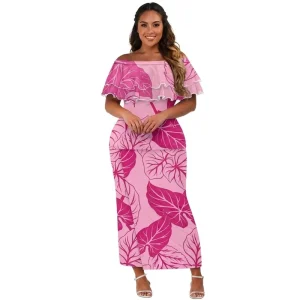 Plus Size Tropical Leaf Print 2 Pieces Polynesian Tribal Dress Women Ruffle Off Shoulder Top Samoan Puletasi Set Custom Print