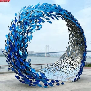 Polished Stainless Steel Gradient Blue Fish Cluster Ring Sculpture Hollow Circular Metal Art for Urban Public Plaza