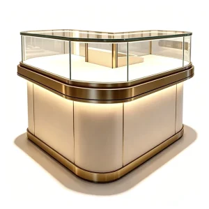 Polygonal White Jewelry Display Island with Champagne Gold Trim and Glowing Floating Base for Luxury Mall Showroom
