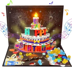 Pop up Cake Blue Music Light Blow Lamp Magnetic Control 3D Stereoscopic Paper Happy Birthday Greeting Card Luminous Premium