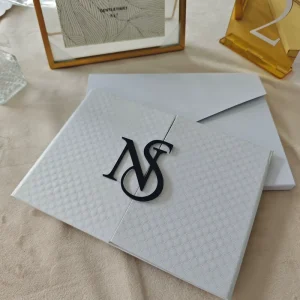 Popular White Presentation Hardcover Invitation with Black Acrylic Card and Monogram Tag for Textured Wedding Invites Suite