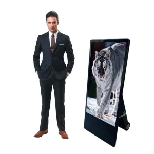 Portable Digital Poster Display Touch LCD Movable Outdoor Advertising Signage Wheels Battery Powered Charging for Elevator Use