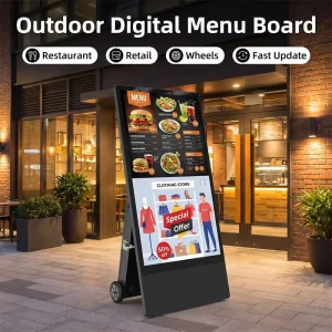 Portable Outdoor Digital Menu Board LCD Advertising Display with Wheels Animation & Wayfinding for Restaurant Retail Storefront