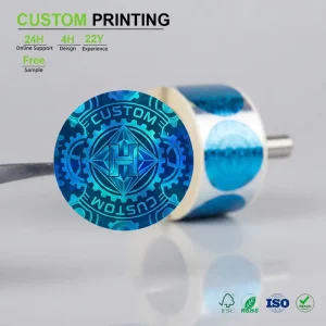 Premium Blue Holographic Circular Label Gear Border Design Scratch Oil Proof UV for Luxury Brand Security Labeling Custom