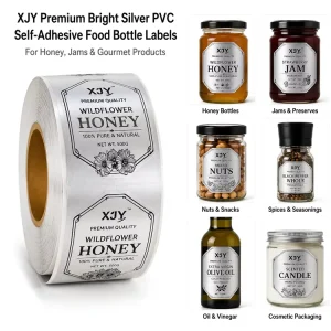 Premium Bright Silver PVC Self-Adhesive Food Bottle Labels for Honey, Jams & Gourmet Products