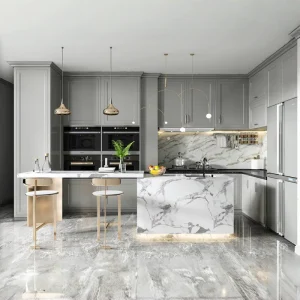 Premium Modern Kitchen Cabinets with Marble Accents and Integrated Lighting