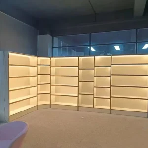 Professional Custom Design Stylish Minimalist Large Capacity Clear View Tempered Glass Wooden Company Showroom Display Stand