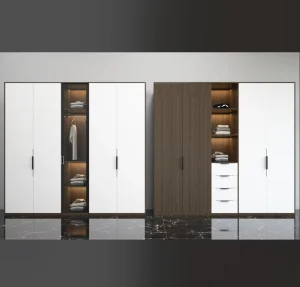 Project Solution Modern Two-Tone Wardrobe White & Brown Combo Triple Doors Drawers Smart Warm Lighting Hanging Folding Storage