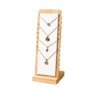 Qimei Packaging H101 Modern Rectangle Foldable Bamboo Wood & Leather Detachable Jewelry Display Stand for Chain Necklace Display