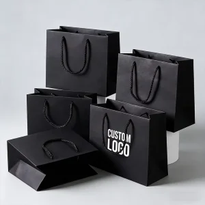 Recyclable Custom Logo Luxury Cardboard Gift Paper Bag Black Premium Texture Grocery Shopping Paper Bags with Your Own logo