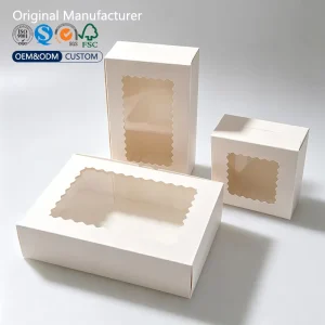 Recyclable White Rigid Bakery Box With Wavy Clear Window Custom Printed Logo Cookie Macaron Pastry Holiday Dessert Packaging