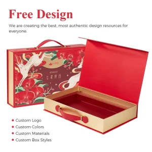 Red Base Hardboard Packaging Case Embossed Artwork Portable Handle Festival Food Container Book Shaped Magnetic Gift Box