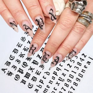 Retro 3D Nail Art Stickers with 26 English Alphabet and Number Decals and Rhinestone Decoration