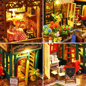 Retro European Street Wooden Book Nook DIY LED Light 3D Book Scene Dollhouse Model Desktop Decor Craft Gift