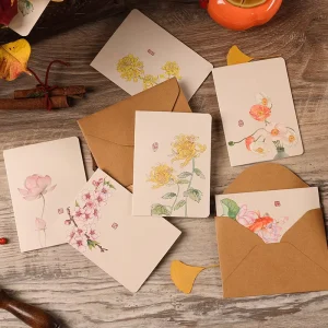 Retro Ink Floral Greeting Cards Set with Kraft Envelopes Handwritten Thank You Cards for Birthday Holiday Business Wedding