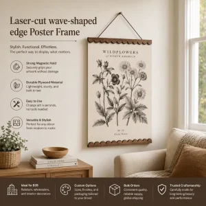Retro Scallop Magnetic Poster Hanger Walnut Plyood Poster Frame Custom Sizes OEM ODM Wooden Wall Art Display Supplier