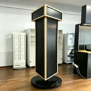 Rotating Floor Standing Display Rack with Wooden Frame, Metal Retail Store Shelving Unit for Supermarket and Commercial Display
