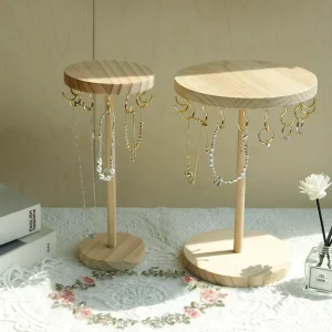 Round Wooden Necklace Holder Stand with Gold Hooks Jewelry Display for Necklaces and Bracelets