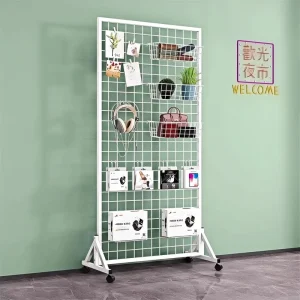Rust-Proof Movable Standing Metal Grid Display Rack Space-Saving Wheeled Photo Commodity Headphone Decor Display Shelf