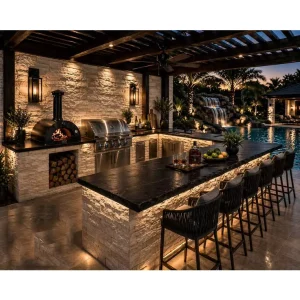 Rustic Modern Solid Wood Texture Waterproof Laminate Modular Cabinetry Integrated Backyard BBQ Station Outdoor Kitchen