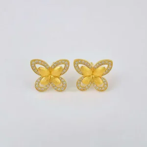 S925 Sterling Silver Lab Grown Diamond Gold Plated Butterfly Stud Earrings