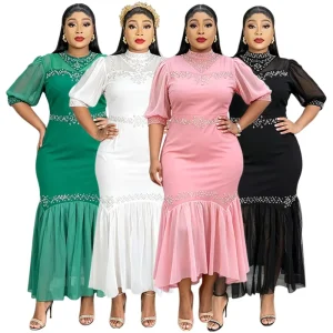 S9609 Trendy Church Dresses Women Casual Elegant Half Sleeve O Neck Rhinestone Beaded Chiffon Party Dresses Women African Dress