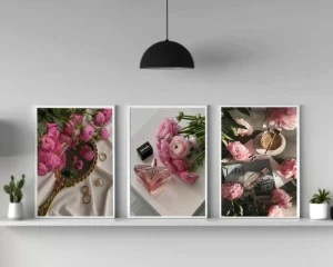 SQ Luxury Fashion Poster Pink Flower and Coffee Painting Luxury Perfume Poster HD Print Parisian Art for Home Decor