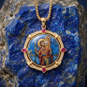 Saint Christopher Safe Journey Driver Amulet Pendant Hand Painted Lapis Lazuli Traveler Protection Gift B2B
