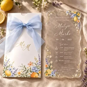 Scalloped Wavy Acrylic Wedding Invitation Watercolor Lemon Floral Matching Sleeve Baby Blue Bow Summer Wedding Invite Set