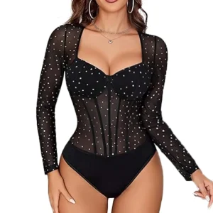 Sequin Sexy Sheer Bodysuit Long Sleeve Square Neck Boning Shapewear Bodysuit Breathable Mesh Shiny Bodysuit