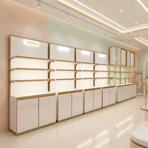 Shelves for Shops LED Lighted Gold Trim Display Stand with Storage Cabinet Modular Retail Shelving for Cosmetic Pharmacy Stores