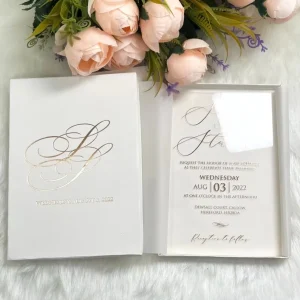Simple Elegant Design Transparent Acrylic Invite Card Wedding Invitations with Gold Foil Logo Boxes