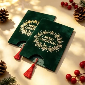 Simple Velvet Christmas & Birthday Greeting Card with Gold Printing Tassel Design Holiday Wishes