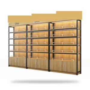 Single-Sided Gondola Display Rack with Wood Shelves, Black Metal, LED Lighting, 5-Tier Cosmetic and Skincare Retail Cabinet