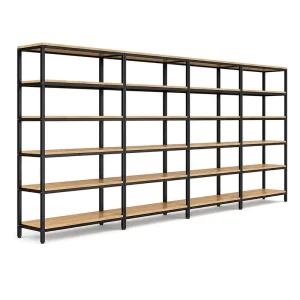 Single-Sided Gondola Display Rack with Wood Shelves, Black Metal, Open Back, 6-Tier Industrial Retail Store Stand