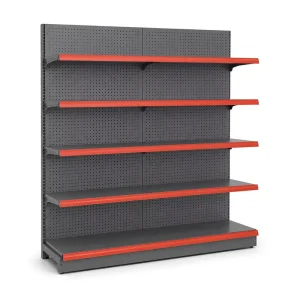 Single-Sided Light-Duty Metal Gondola Display Rack with Dark Gray Pegboard, Red Trim, 5-Tier Mobile Wall Store Unit
