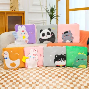 Skin Friendly Flannel and Velvet Customized Cartoon Character Pillow with Foldable Blanket Function and Adorable Animal Faces