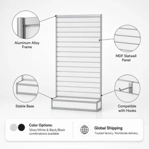 Slatwall Display Rack 120x35x200cm Aluminum Alloy Frame MDF Slatwall Panel with Hooks Compatible Heavy Duty Retail Stand