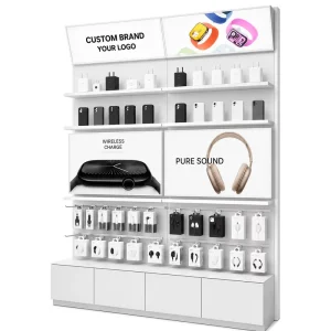 Sleek Yellow Eco Friendly Heavy Duty Accessory Display Stand LED Strip Lights Custom Dimensions for Mobile Shop Wall