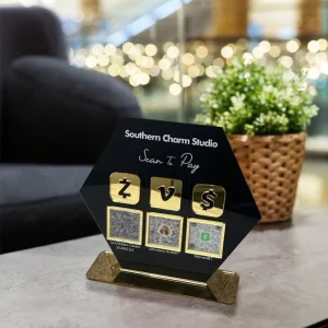 Social Media Sign With Base Golden Icon Instagram Snapchat Custom Acrylic Plexiglass Table Stand Business Advertising