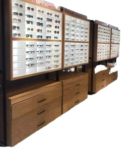 Solid Wood MDF Custom Eco Friendly Durable Ladder Shelf LED Display Rack Stand for Retail Optical Store Showcase