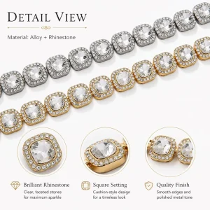 Square Rhinestone Micro Pave Necklace Set Zinc Alloy Iced Out Bling Chain Hip Hop Jewelry for Streetwear