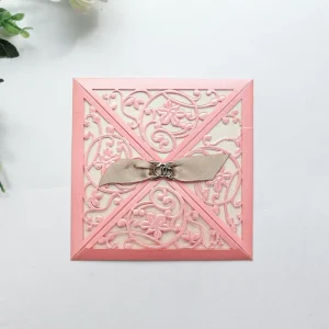 Square Shaped Wedding Invitation With Laser Cut Design and Ribbon for Special Events