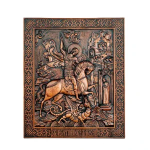 St. George and Dragon Wood Relief Icons Medieval Style Carved Icon for Sacred Art Walls Collector Displays