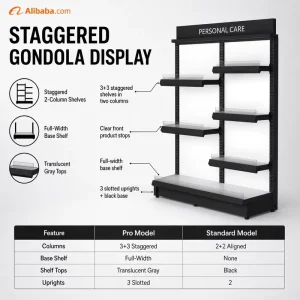 Staggered Gondola Display Shelving 3 Plus 3 Shelves Full Width Base Shelf Clear Product Stops Personal Care Display Rack