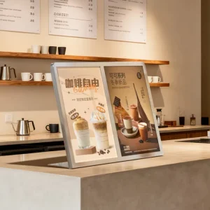 Stainless Steel Anti-Rust Color Logo Art Deco Style ISO9001 Certified A4/A3 Advertising Display Stands for Coffee