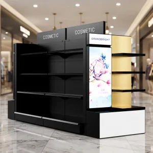 Stainless Steel Cosmetic Display Stand with Glass Shelf for Shopping Malls and Cosmetic Stores
