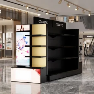 Stainless Steel Cosmetics Display Stand with Glass Shelf and LED Lighting for Shopping Malls and Cosmetic Stores