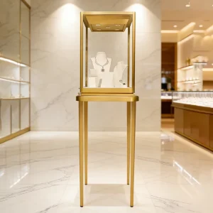 Stainless Steel Display Cabinet Gold Frame Tall Jewelry Showcase with LED Light Lockable for Luxury Jewelry Boutique