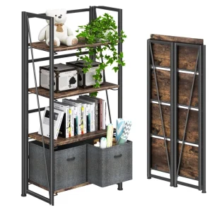 Standing 4 Tier Rustic Storage Shelf No Assembly Metal Wood PP Display Rack Multilayer Bookshelf Home Living Room Balcony Office